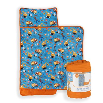 Jay Franco Kids Nap Mat with Embedded Pillow & Blanket  Soft 46"x20" Microfiber Sleeping Bag with Name Tag & Handle Blue - Blippi