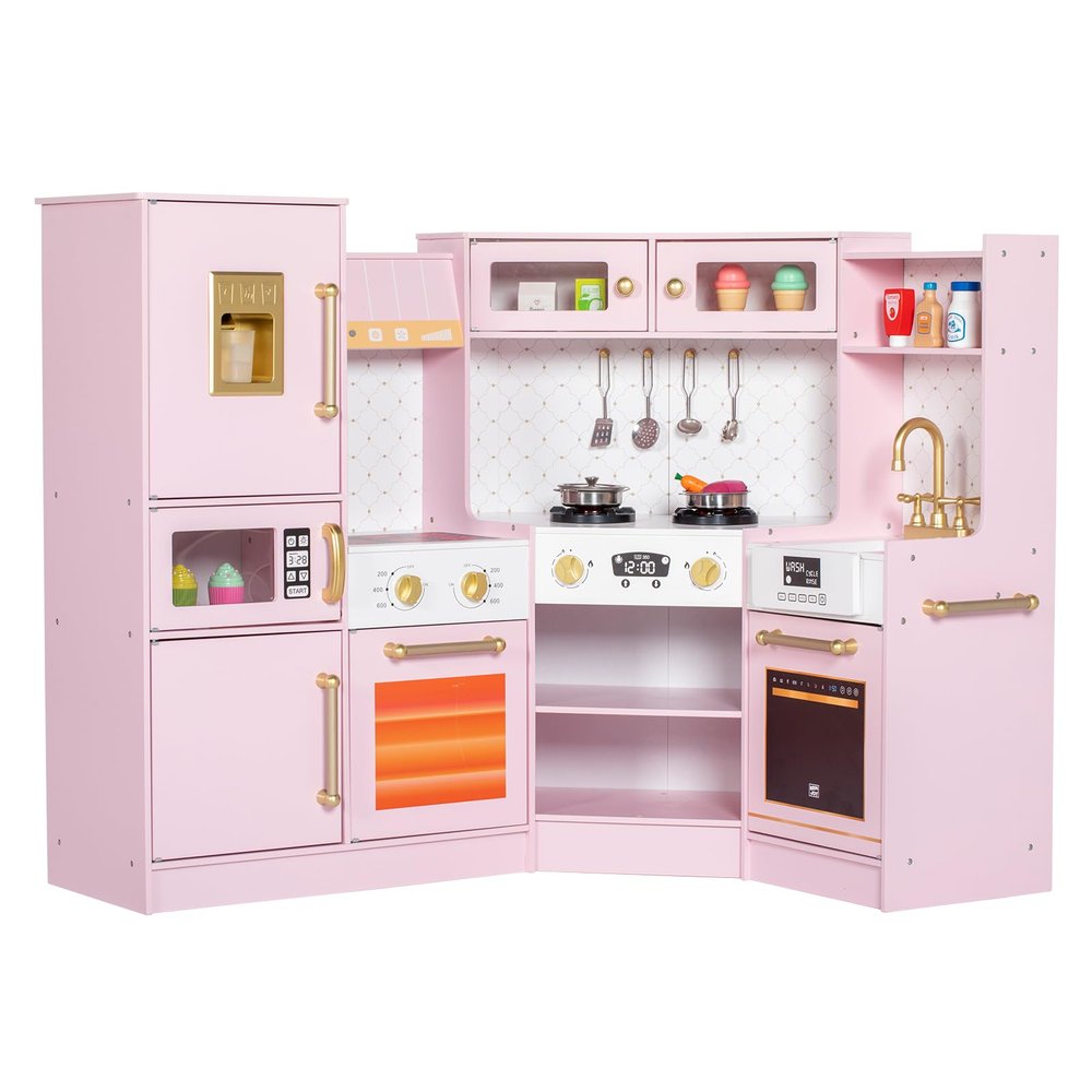 BRINJOY Corner Play Kitchen for Kids, Wooden Toddler Kitchen Playset with Ice Maker, Oven, Sink, Range Hood with Light, Ultimate Pretend Play Toy Kitchen Set Gift for Boys Girls Age 3+, Pink