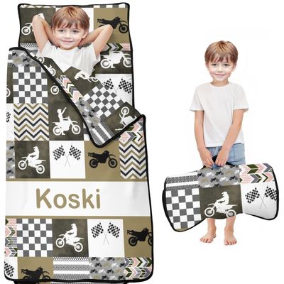 Personalized Dirt Bike Nap Mat for Boys Custom Name Toddler Sleeping Bag with Pillow & Blanket Motocross Race Sleeping Mat for Daycare, Preschool, Kindergarten, Travel