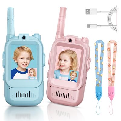 Kids Video Walkie Talkies, 2 Pack Long Range Walkie-Talkie for Kids, Rechargeable Video Call Toys for Indoor, Camping, Hiking, Travel, Christmas Birthday Gift for Boys Girls Age 3-5 (Blue/Pink)