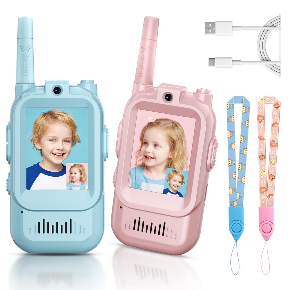 Kids Video Walkie Talkies, 2 Pack Long Range Walkie-Talkie for Kids, Rechargeable Video Call Toys for Indoor, Camping, Hiking, Travel, Christmas Birthday Gift for Boys Girls Age 3-5 (Blue/Pink)