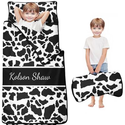 Personalized Cow Stripes Toddler Nap Mat for Boys and Girls Custom Name Sleeping Bag with Pillow & Blanket Soft & Portable for Daycare, Preschool & Kindergarten