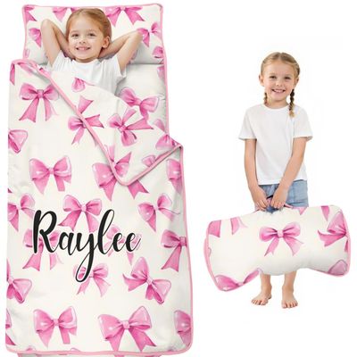 Personalized Toddler Nap Mat for Girls Custom Name Pink Bow Sleeping Bag with Pillow & Blanket Soft & Portable for Daycare, Preschool & Kindergarten