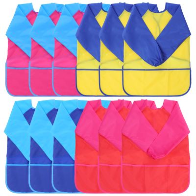 12 Pack Kids Art Smocks, Waterproof Toddler Painting Aprons With Long Sleeve And 3 Pockets for Age 5-8 Years, About 120cm