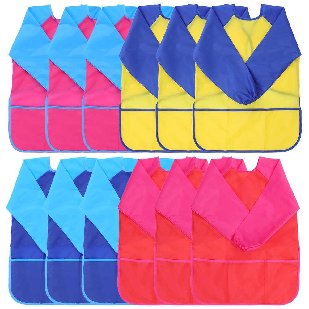 12 Pack Kids Art Smocks, Waterproof Toddler Painting Aprons With Long Sleeve And 3 Pockets for Age 5-8 Years, About 120cm