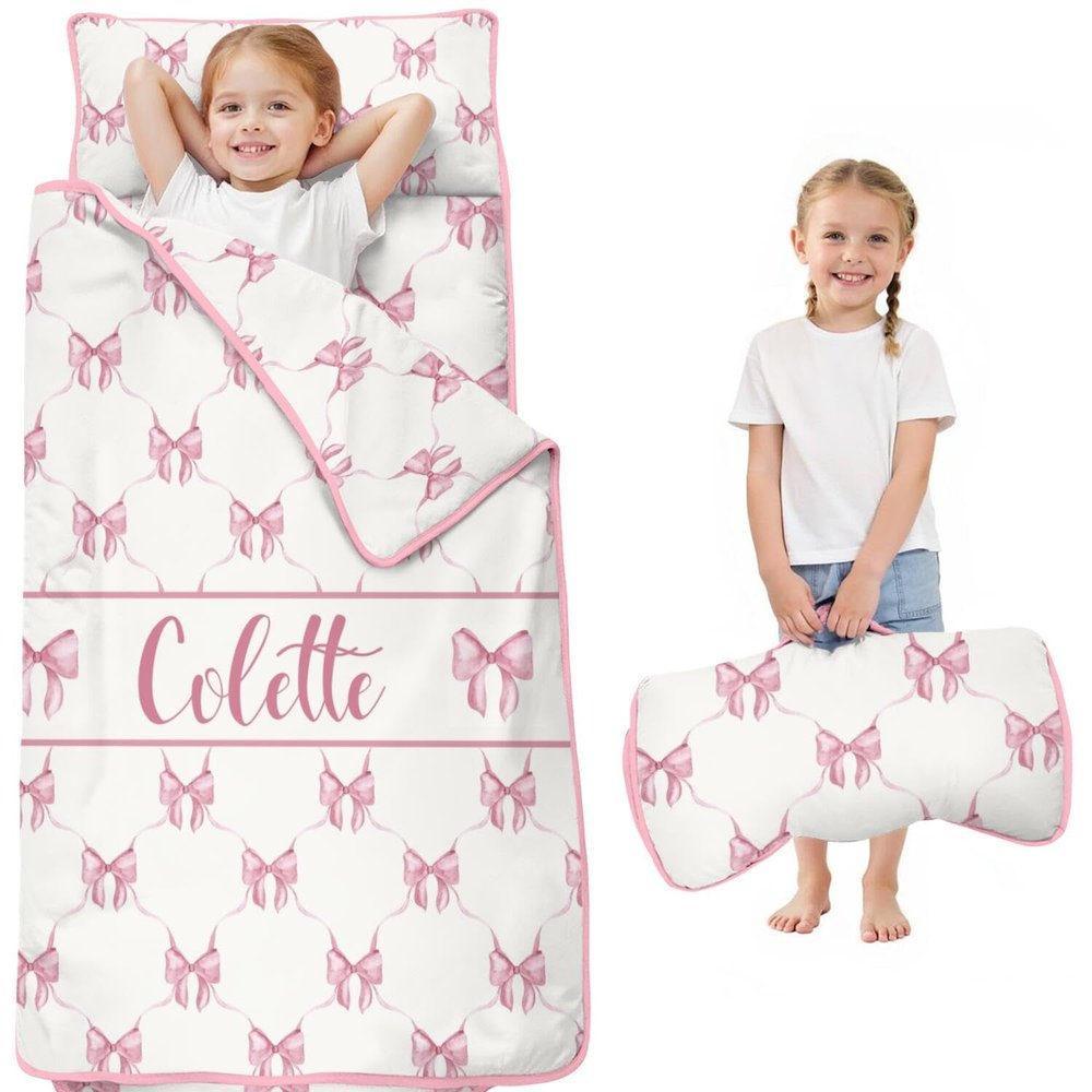 Personalized Toddler Nap Mat for Girls Custom Name Pink Bow Sleeping Bag with Pillow & Blanket Soft & Portable for Daycare, Preschool & Kindergarten
