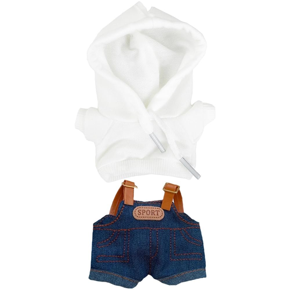 niannyyhouse Doll Clothes Set with Hoodies and Denim Overalls, 15-17cm Plush Doll Dress Up Accessories (White)