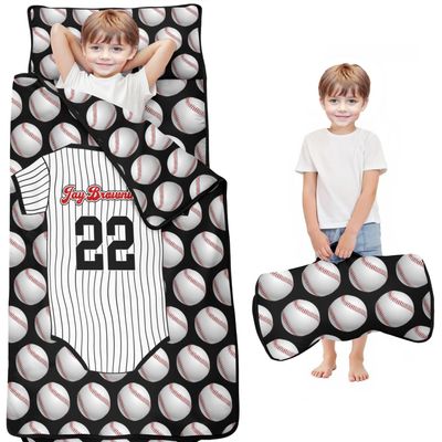 Personalized Baseball Toddler Nap Mat for Boys Custom Name Sleeping Bag with Pillow & Blanket Soft & Portable for Daycare, Preschool & Kindergarten