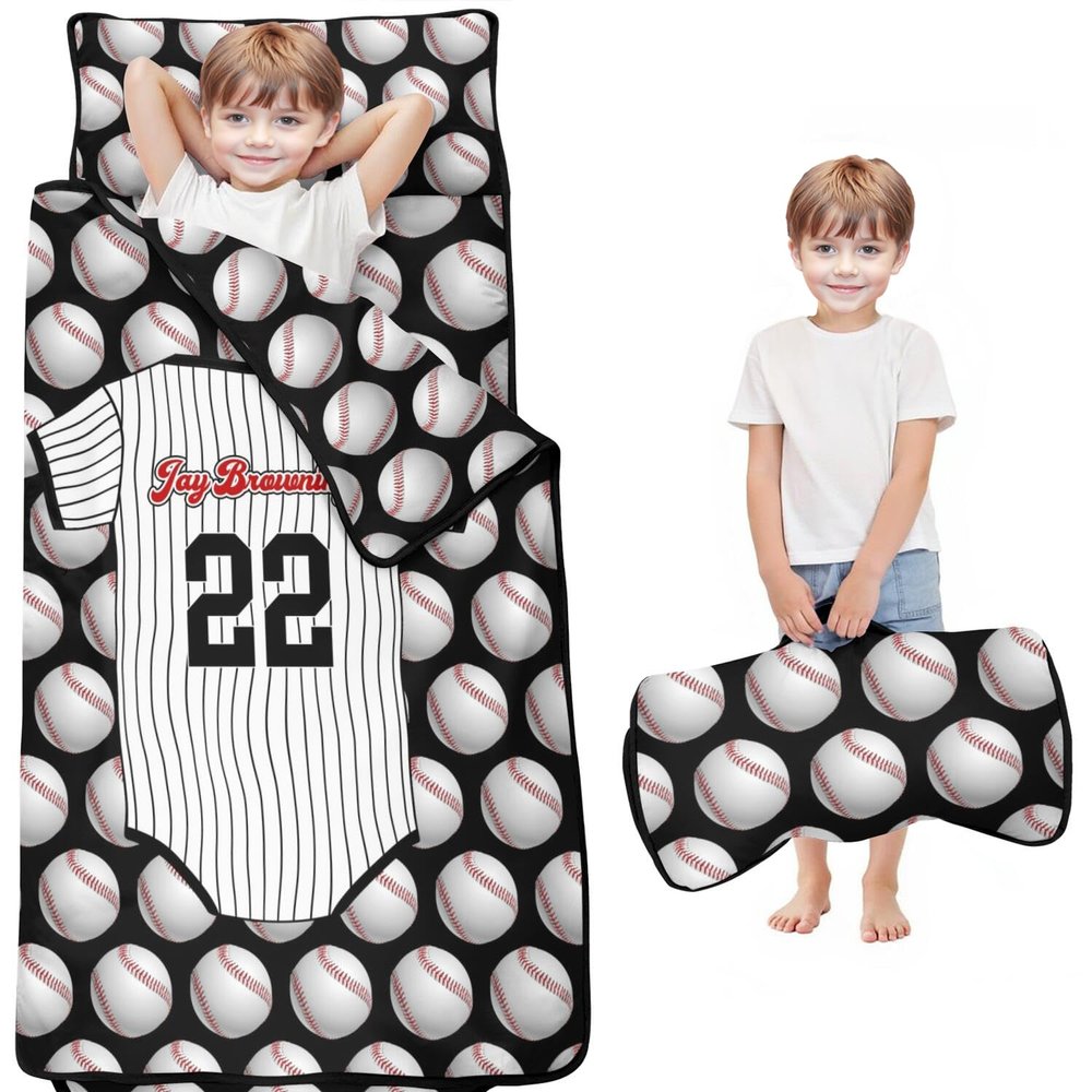 Personalized Baseball Toddler Nap Mat for Boys Custom Name Sleeping Bag with Pillow & Blanket Soft & Portable for Daycare, Preschool & Kindergarten