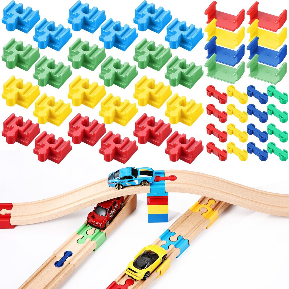 Soulchen 48 Pcs Wooden Train Track Accessories with 3 Distinct Pieces Wooden Track Connector Pieces Compatible with Block and Most Railroad Set Train Expansion Pack for Adult Christmas Birthday Gift
