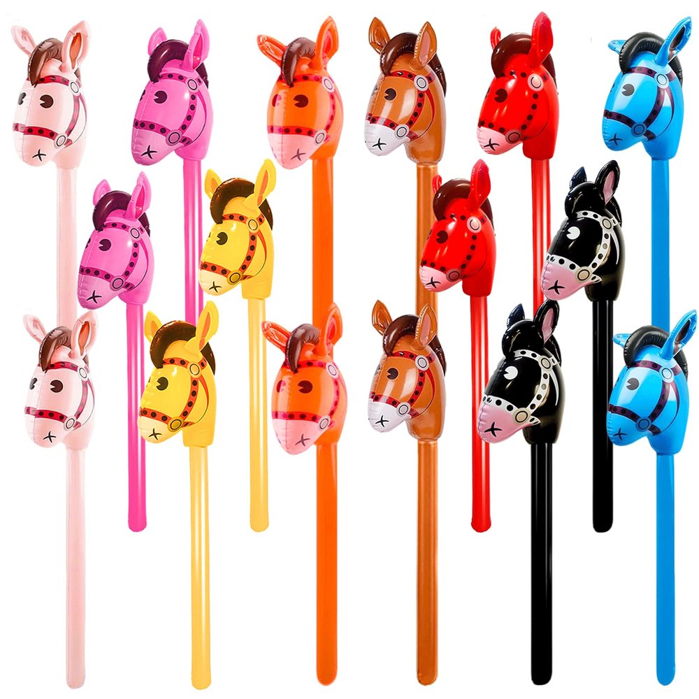 16 pack 40 Inch Inflatable Stick Horse Bulk Children Blow Up Pony Stick Balloon Inflatable Horsehead Stick for Kids Birthdayolor Combination 4)