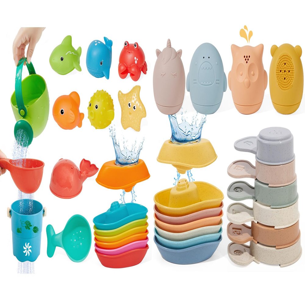 16PCS Bathtub Water Play Toys & 16PCS Baby Bath Toys with Silicone Bath Toys