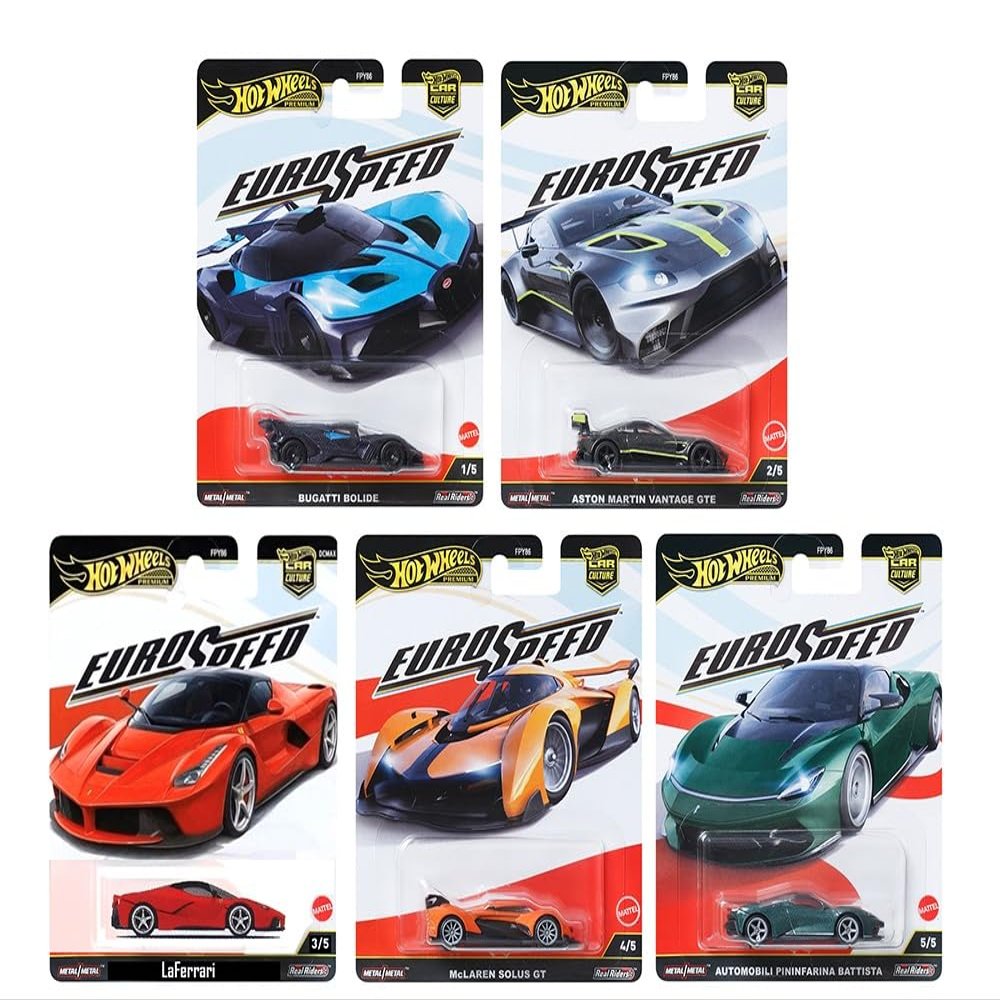 1:64 Scale Diecast Model Car Compatible with Hot Wheels Premium Car Culture Euro Speed L Case Set of 5 Cars, FPY86-961L