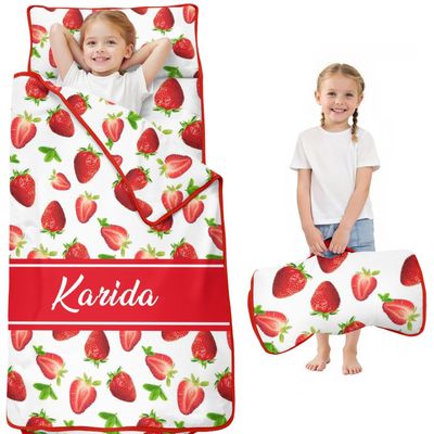 Personalized Strawberry Toddler Nap Mat for Girls Custom Name Sleeping Bag with Pillow & Blanket Soft & Portable Kids Sleep Mat for Daycare, Preschool, Kindergarten, Travel, Sleepovers