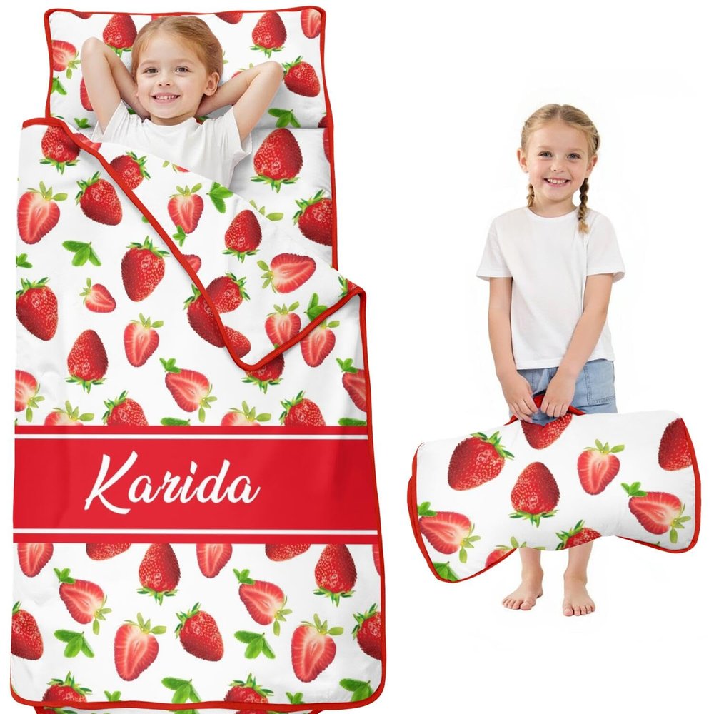 Personalized Strawberry Toddler Nap Mat for Girls Custom Name Sleeping Bag with Pillow & Blanket Soft & Portable Kids Sleep Mat for Daycare, Preschool, Kindergarten, Travel, Sleepovers