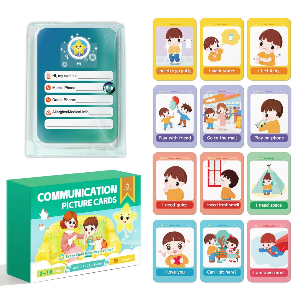 ALSOLIFE Communication Cards for Nonverbal Kids- 52 Flash Cards with Water Proof Album and Lanyard for Special Needs, Autism | PECS, AAC, ABA Therapy Materials, Speech Delay Learning Materials