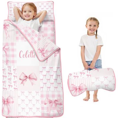 Personalized Toddler Nap Mat for Girls Custom Name Pink Bow Sleeping Bag with Pillow & Blanket Soft & Portable for Daycare, Preschool & Kindergarten