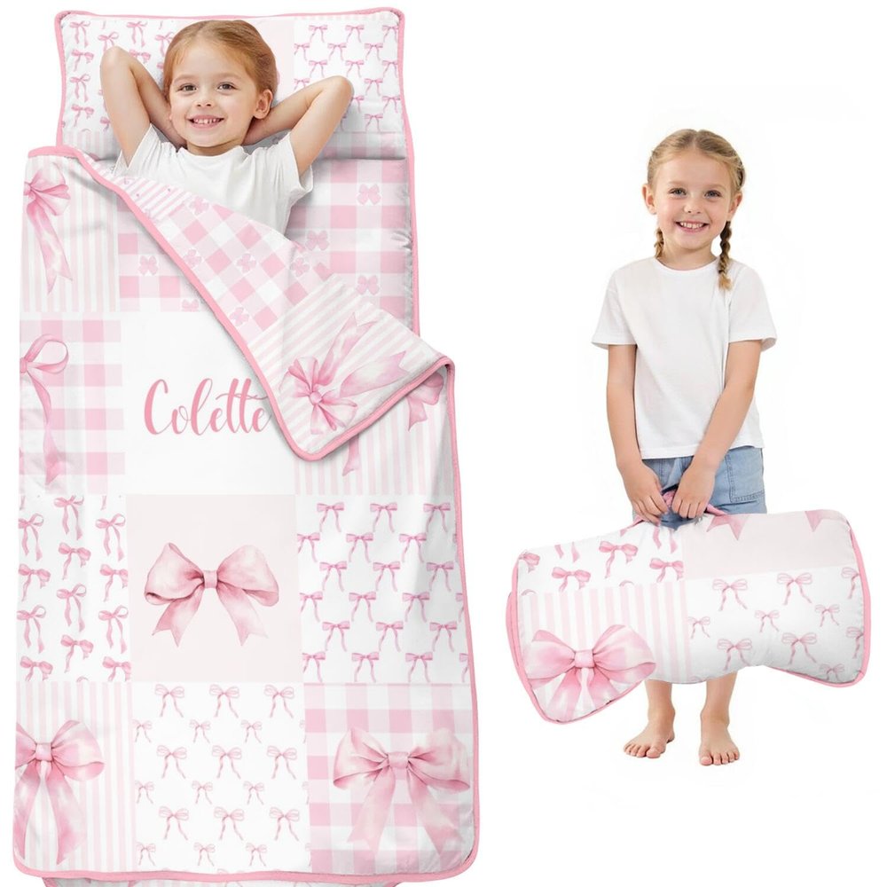 Personalized Toddler Nap Mat for Girls Custom Name Pink Bow Sleeping Bag with Pillow & Blanket Soft & Portable for Daycare, Preschool & Kindergarten