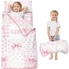 Personalized Toddler Nap Mat for Girls Custom Name Pink Bow Sleeping Bag with Pillow & Blanket Soft & Portable for Daycare, Preschool & Kindergarten view 1