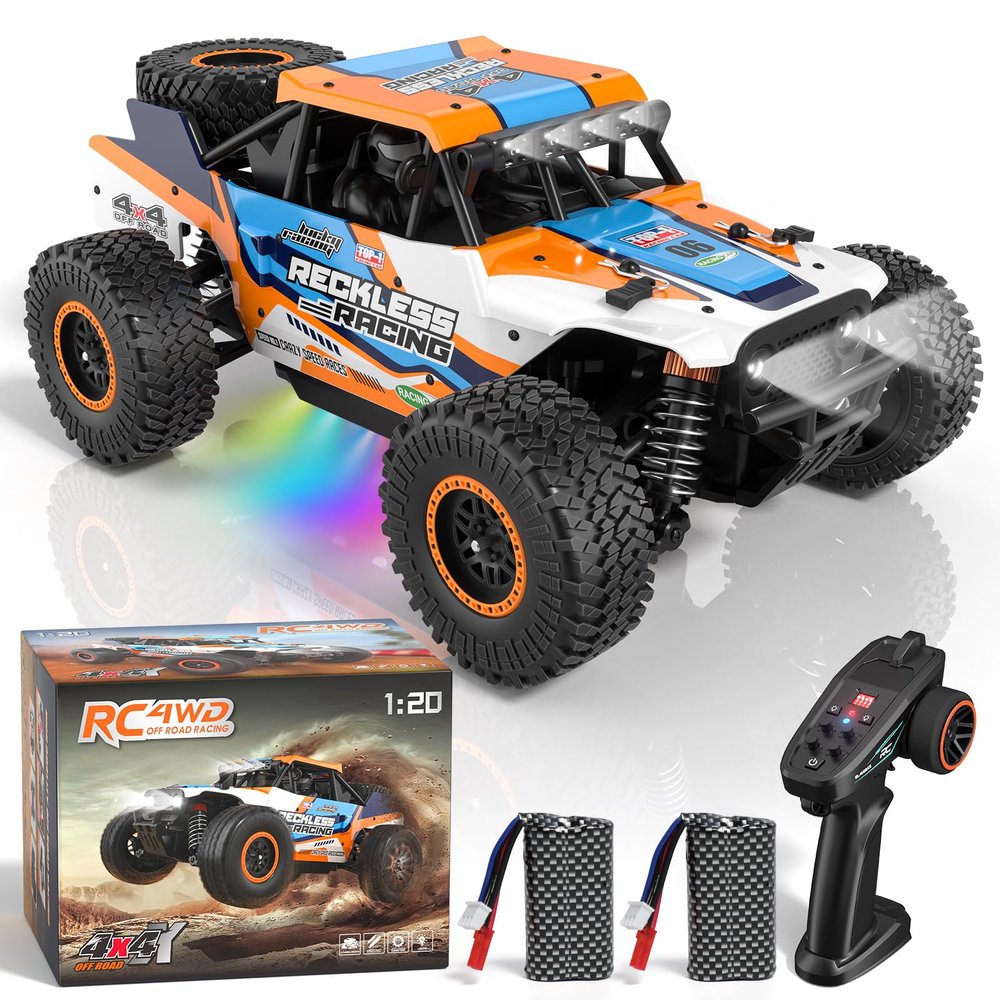 Axirata Remote Control Car, High Speed 40+KM/H All Terrain Fast RC Car Toys, 1:20 Monster RC Truck 4WD 2.4GHz Waterproof Off-Road with Headlight and 2 Rechargeable Batteries Gift for Adults Kids Boys