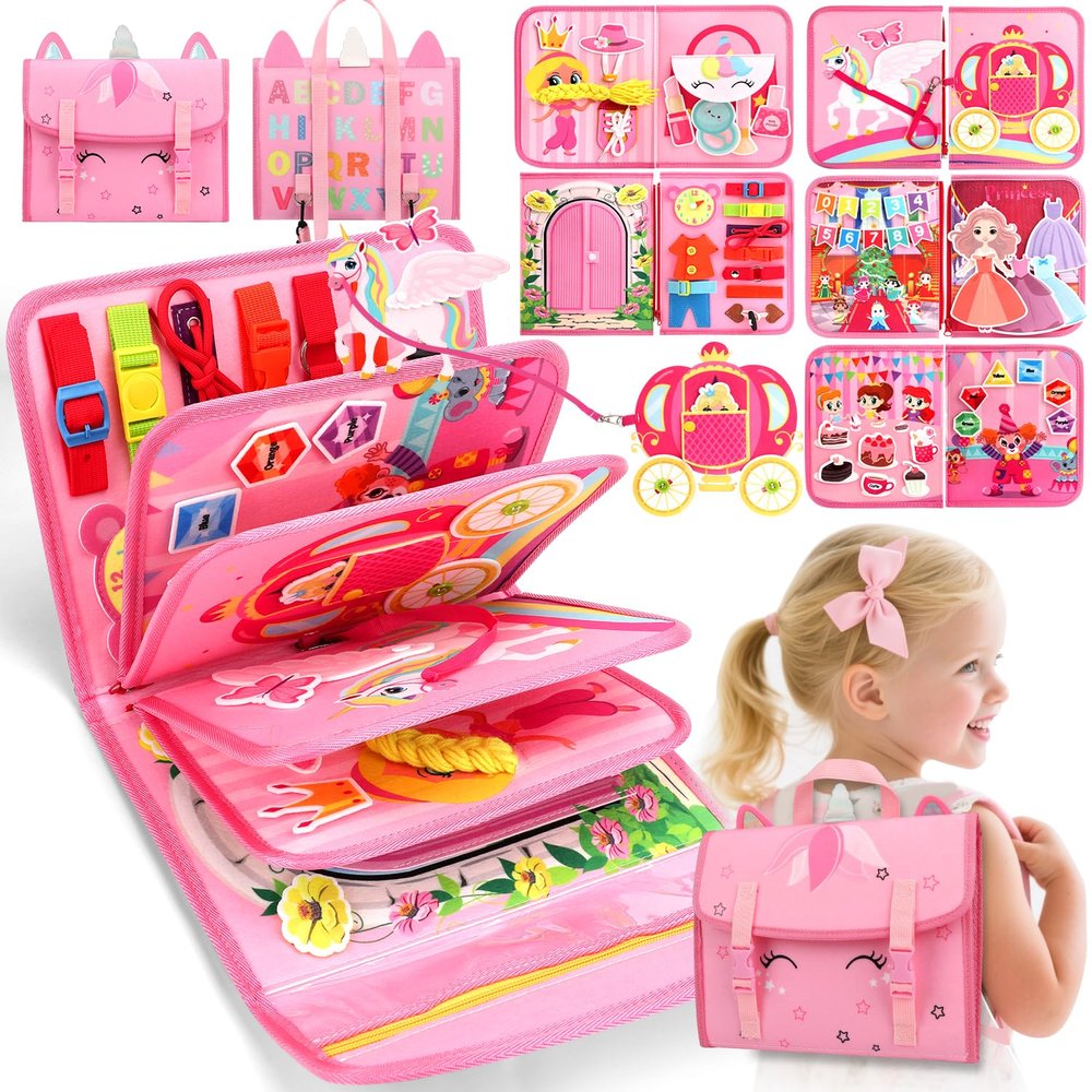 Teensymic Montessori Busy Board for Toddlers Ages 3+ Portable Travel Quiet Book for Fine Motor Skills, Practical Life & Cognitive Learning, for Boys & Girls