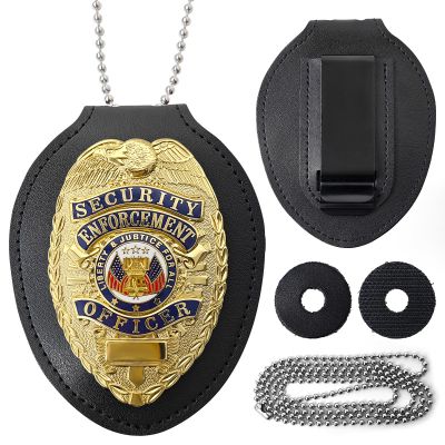 EMORBALS Fake Security Badge Pin with Leather Holder&Alloy Necklace, Detective Costume Accessories for Halloween, House, Role-Playing(Gold)