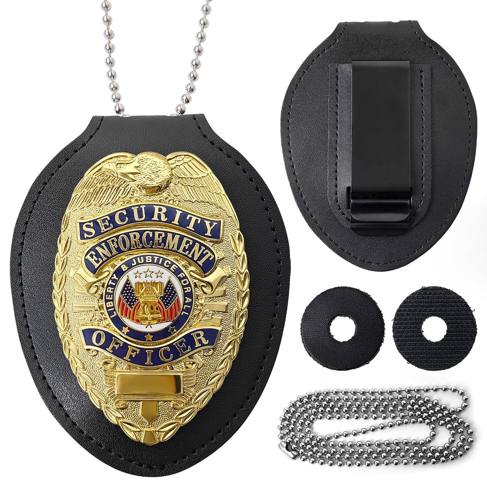 EMORBALS Fake Security Badge Pin with Leather Holder&Alloy Necklace, Detective Costume Accessories for Halloween, House, Role-Playing(Gold)