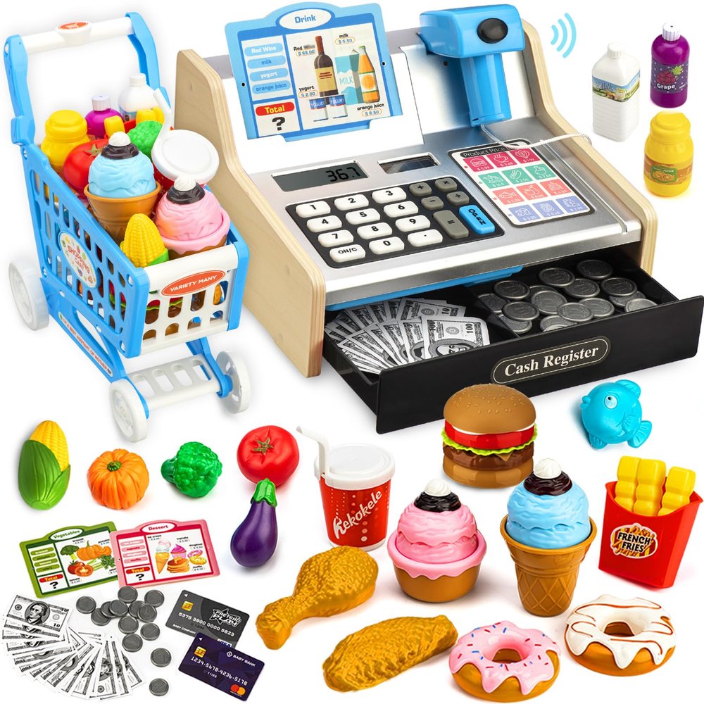 Wooden Cash Register for Kids with Shopping Cart Rechargeable Kid Cash Register with Scanner Gift for Kids Age 3 4 5 6 7 8 9 Year Old Pretend Play for Toddlers Toys for 3-12 Year Old Boys