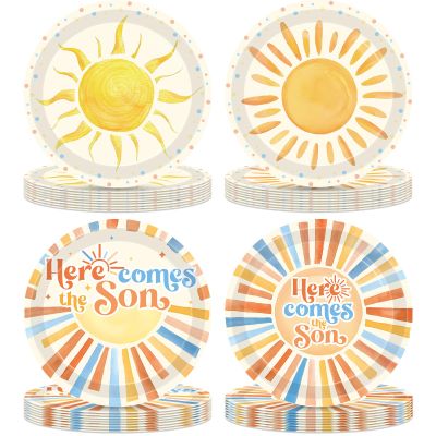100Pcs Here Comes the Son Baby Shower Decorations for Boy Disposable Tableware Set Boho Sun 1st Birthday Paper Plates Boho Sunshine Hippie Party Plates for Sunshine Baby Shower Party Supplies