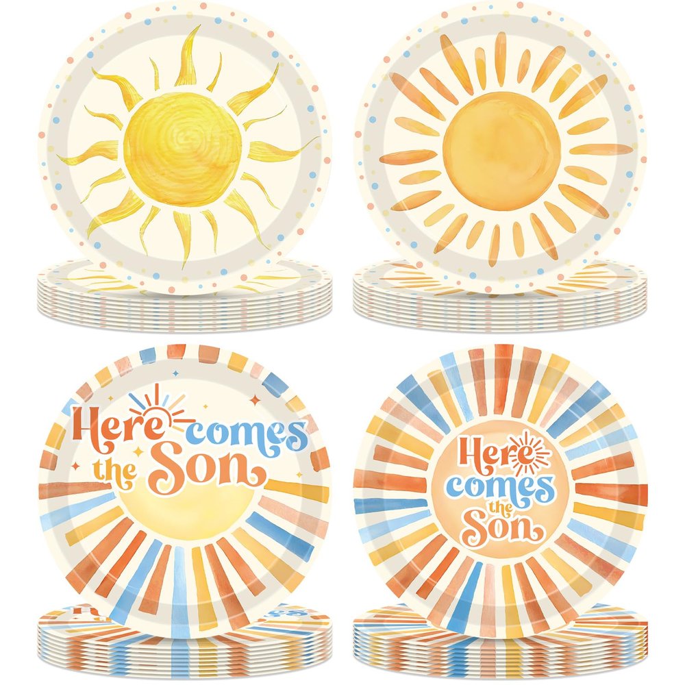 100Pcs Here Comes the Son Baby Shower Decorations for Boy Disposable Tableware Set Boho Sun 1st Birthday Paper Plates Boho Sunshine Hippie Party Plates for Sunshine Baby Shower Party Supplies