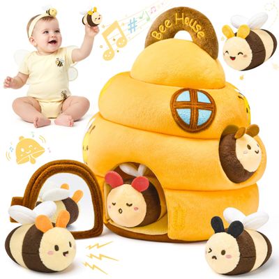 Baby Toys 6-12 Months - Beehive Infant Toy with 5 Sensory Bees Stuffed Animals, Crinkle, Rattle, Mirror & Music, Montessori Toys for 6 7 8 9 10 11 12 Month Old Baby Boys Girls Birthday Christmas Gift