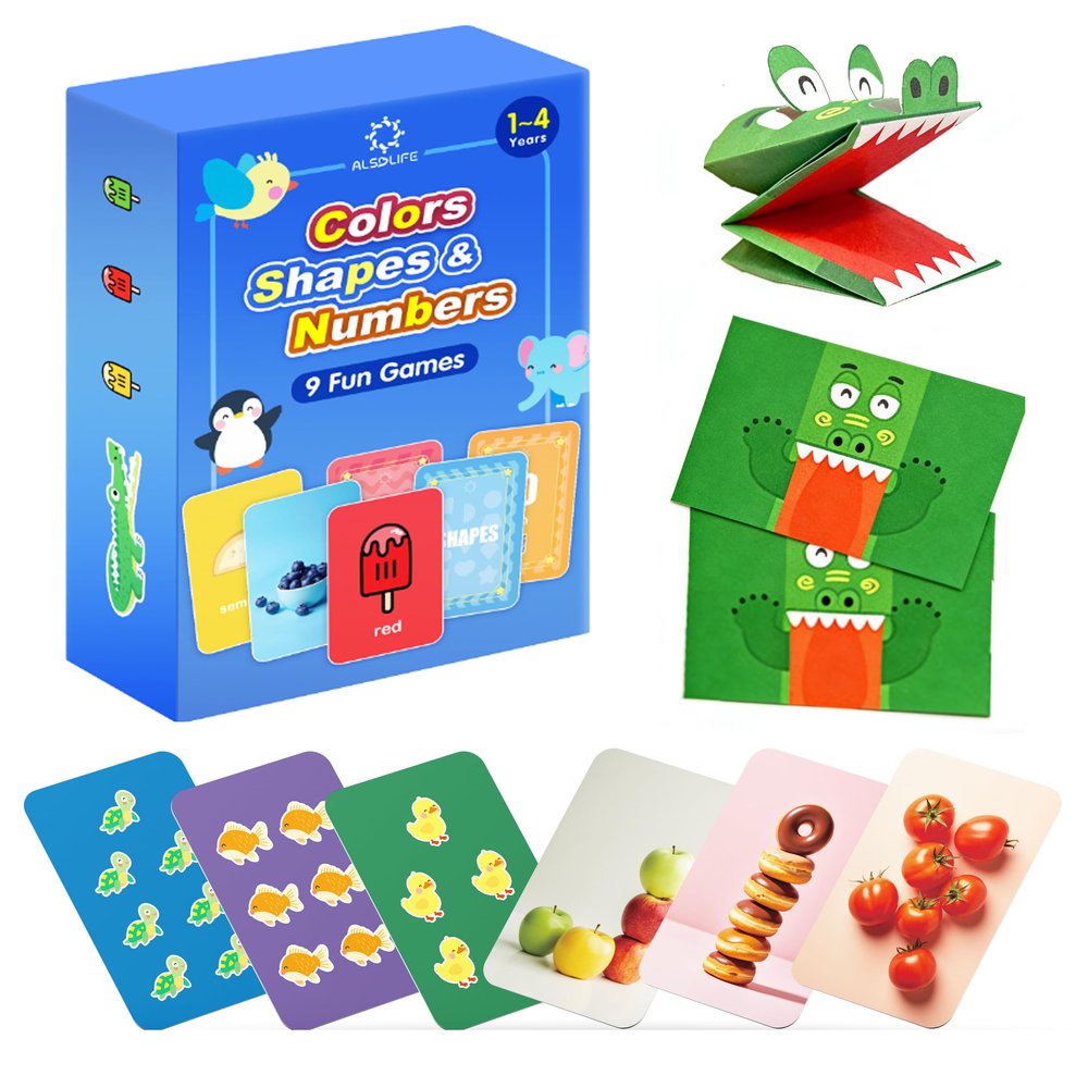 ALSOLIFE Thick Video Flash Cards for Toddlers- Color, Shape, Number Cards- 9 Fun Games for Toddlers, Speech Therapy Material Picture Cards, Preschool Learning Activities, Montessori