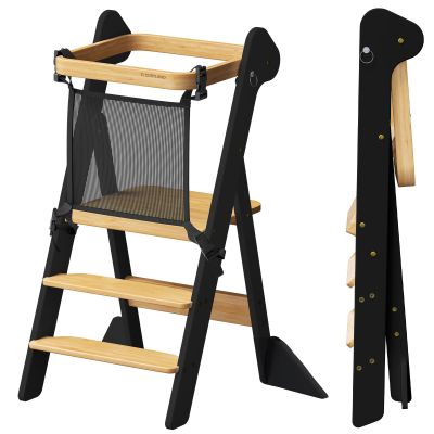 COSYLAND Foldable Standing Tower IF Design Awarded Toddler Kitchen Step Stool with Safety Net & Large Side Support Legs Height Adjustable Toddler Learning Helper Stool (Black & Natural)-Foldi