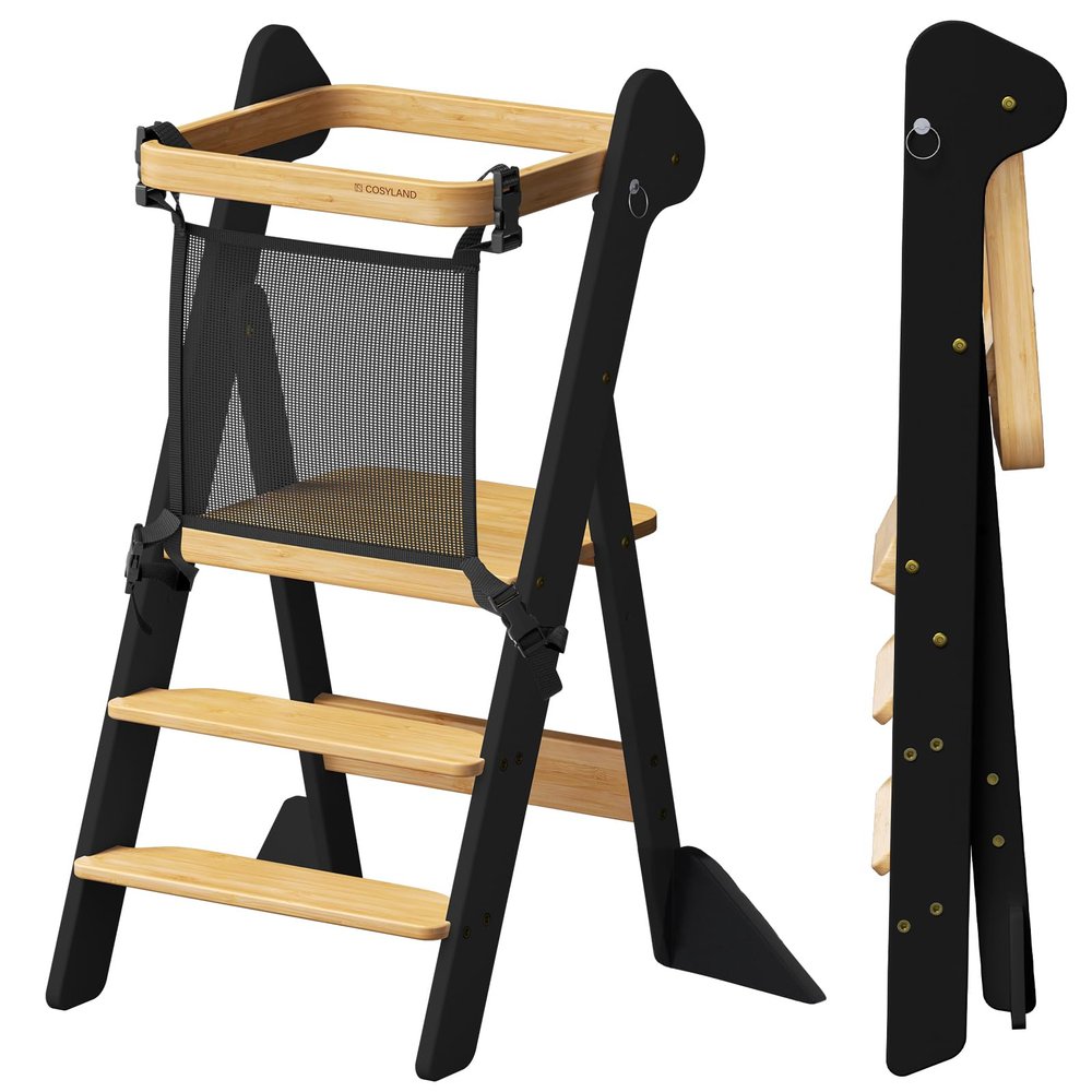 COSYLAND Foldable Standing Tower IF Design Awarded Toddler Kitchen Step Stool with Safety Net & Large Side Support Legs Height Adjustable Toddler Learning Helper Stool (Black & Natural)-Foldi