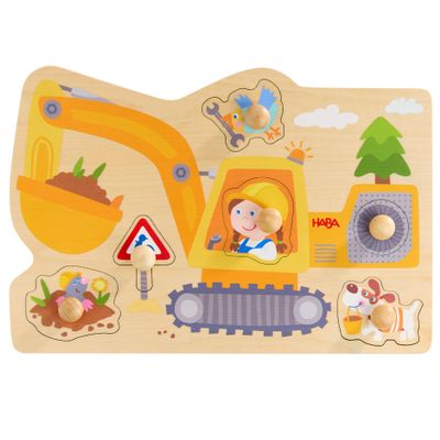 HABA Construction Site Gripping Puzzle - First Wooden Puzzle with Big Buttons - Recognize Excavator & Shovel - for Children from 12 Months - 2012171001