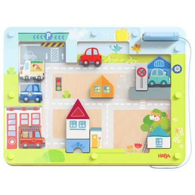 HABA Wooden City Magnetic Game - Interactive Educational Toy from 3 Years - Promotes First Steps in Road Traffic with Rotating Elements - 2012357001