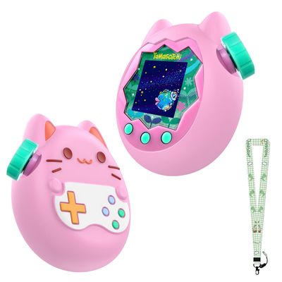 Case for Tamagotchi Paradise with Lanyard Cute Cartoon Silicone Protective Cover for Kids, Soft & Shockproof Shell for Tamagotchi Virtual Pet Keychain, Anti-Drop Holder Accessory (Pink)