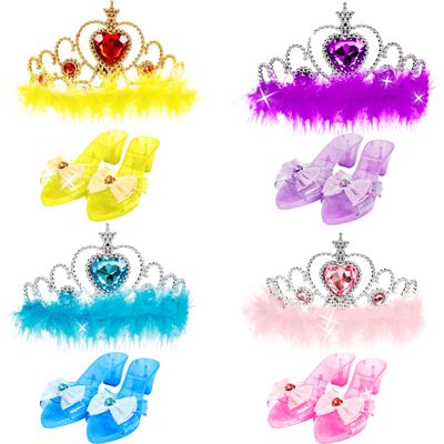 8 Pcs Princess Dress Up Set Includ 4 Pairs Heels Shoes 4 Crown for Little Girls Princess Role Play Toddler Pretend Birthday Gifts Princess Party Favor