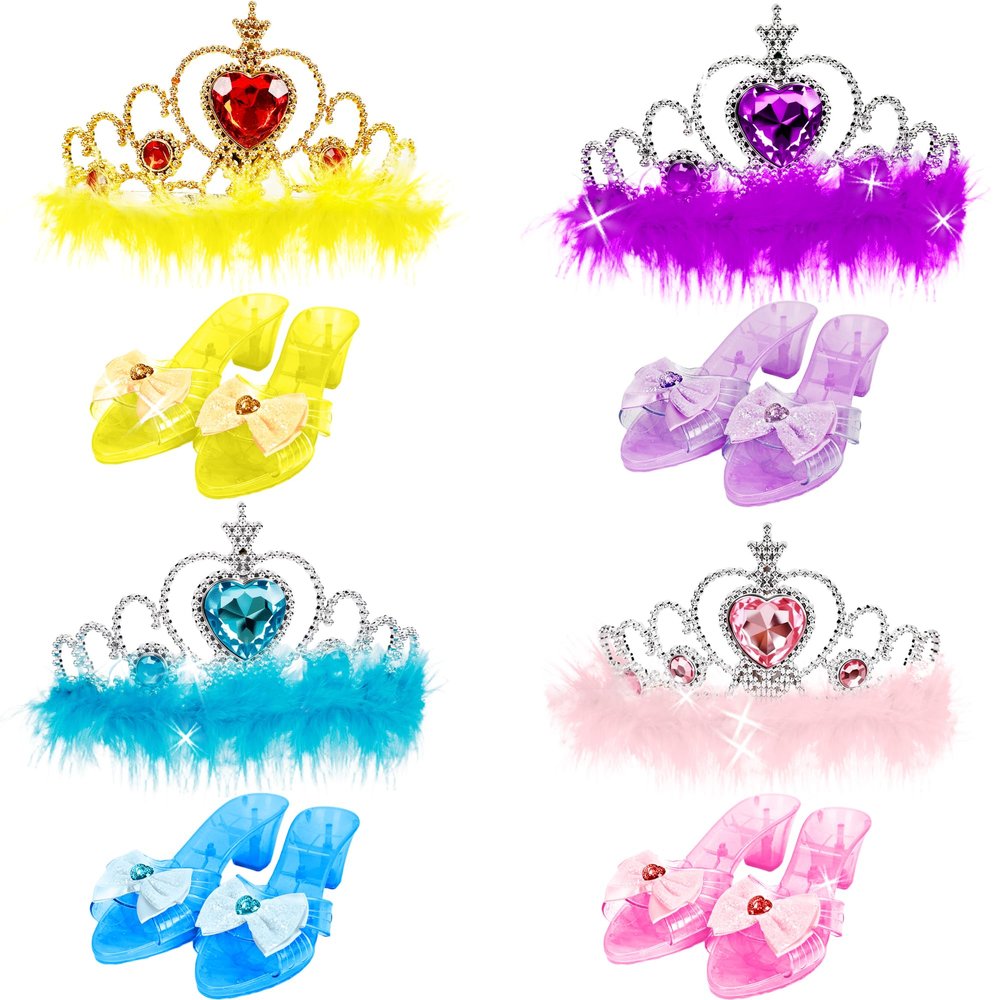 8 Pcs Princess Dress Up Set Includ 4 Pairs Heels Shoes 4 Crown for Little Girls Princess Role Play Toddler Pretend Birthday Gifts Princess Party Favor