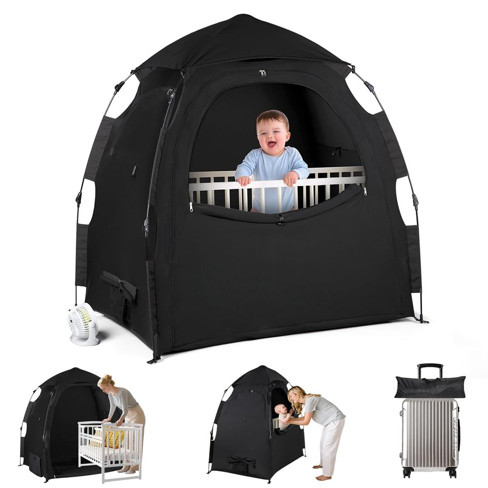 Blackout Tent for Pack and Play - Pack N Play Blackout Cover - 1-Click Setup Portable Sleep Pod with Monitor Pouch & 2 Fan Pouch, Black Out Tent Blocks 95% Light