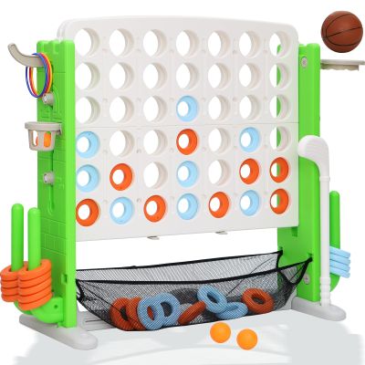 HAPPYMATY Giant 4 in A Row Game, Height Adjust Jumbo Yard Game Set for Kids & Adults with Mesh Catching Bag, Golf, Basketball Hoop & Ring Toss, 4-to-Score Connect Games for Indoor/Outdoor Fun