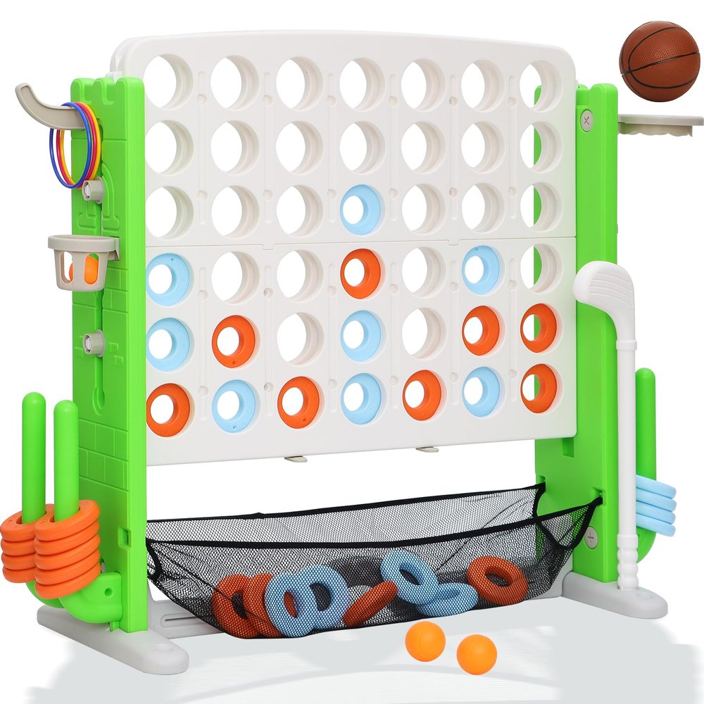 HAPPYMATY Giant 4 in A Row Game, Height Adjust Jumbo Yard Game Set for Kids & Adults with Mesh Catching Bag, Golf, Basketball Hoop & Ring Toss, 4-to-Score Connect Games for Indoor/Outdoor Fun