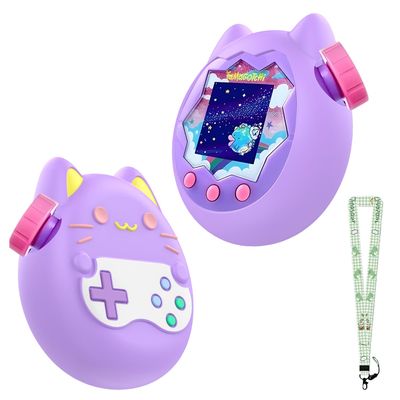 Case for Tamagotchi Paradise with Lanyard Cute Cartoon Silicone Protective Cover for Kids, Soft & Shockproof Shell for Tamagotchi Virtual Pet Keychain, Anti-Drop Holder Accessory (Purple)