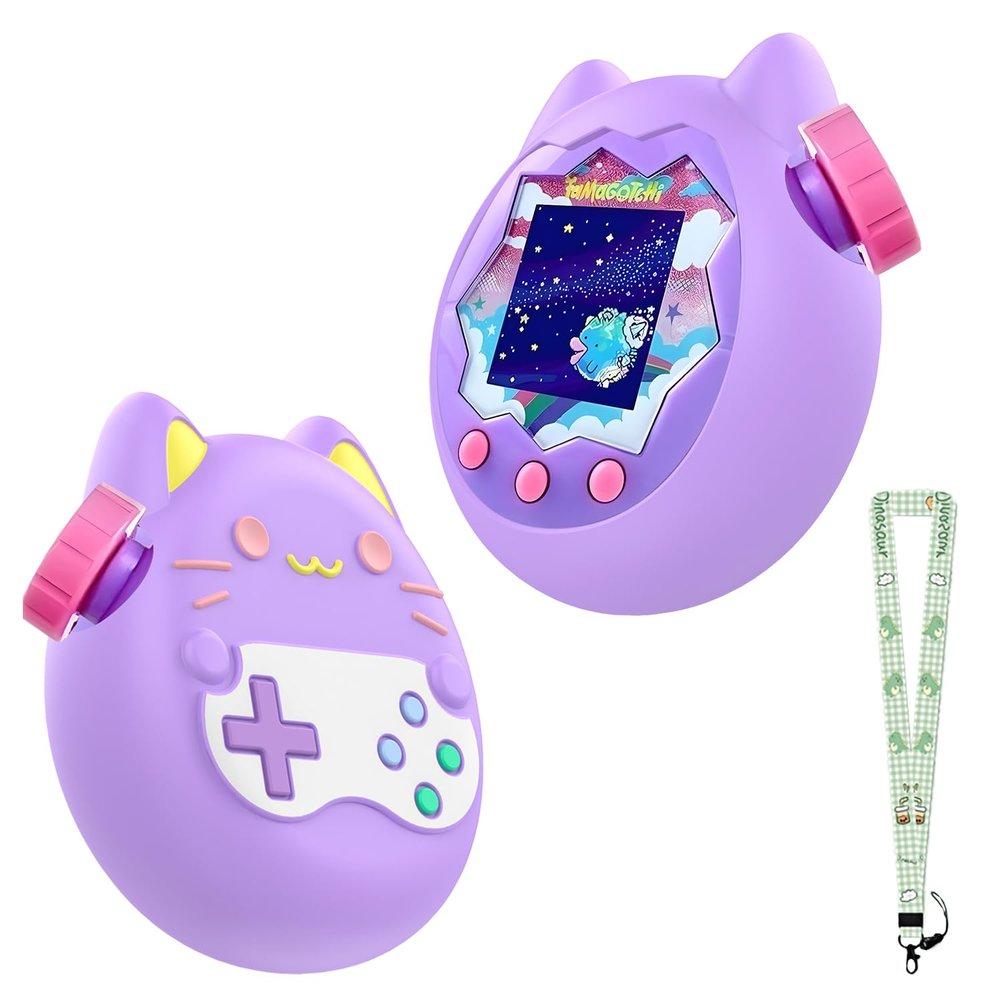 Case for Tamagotchi Paradise with Lanyard Cute Cartoon Silicone Protective Cover for Kids, Soft & Shockproof Shell for Tamagotchi Virtual Pet Keychain, Anti-Drop Holder Accessory (Purple)