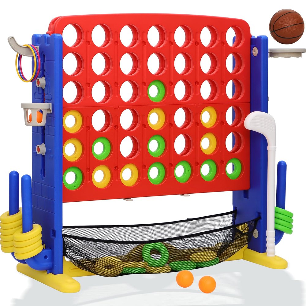 HAPPYMATY Giant 4 in A Row Game, Height Adjust Jumbo Yard Game Set for Kids & Adults with Mesh Catching Bag, Golf, Basketball Hoop & Ring Toss, 4-to-Score Connect Games for Indoor/Outdoor Fun