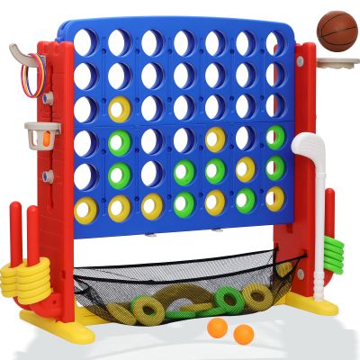 HAPPYMATY Giant 4 in A Row Game, Height Adjust Jumbo Yard Game Set for Kids & Adults with Mesh Catching Bag, Golf, Basketball Hoop & Ring Toss, 4-to-Score Connect Games for Indoor/Outdoor Fun