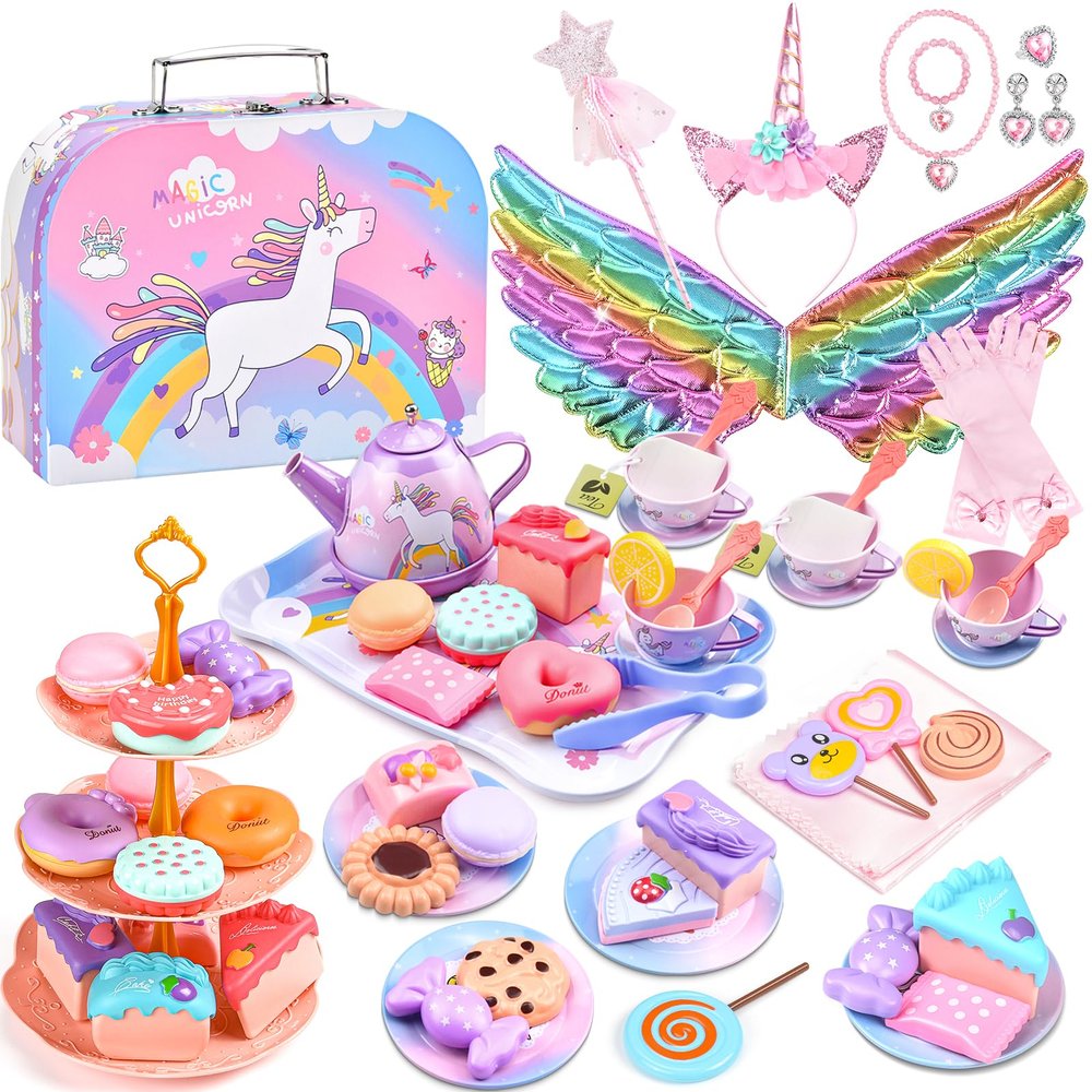 Tea Party Set for Little Girls: 63Pcs Pretend Play Toys, Unicorn Princess Dress Up Tea Time, Tin Tea Sets for Toddlers with Dessert, Carrying Case, Kids Kitchen Playset, Birthday Gift for Toddler Girl