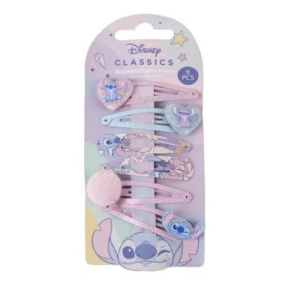 Stitch 6 Piece Hair Clips for Girls | Children's Brooches Set with Disney Characters, Pastel and Glitter