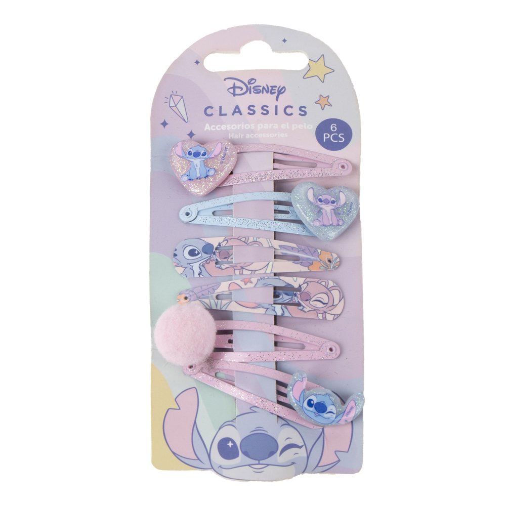 Stitch 6 Piece Hair Clips for Girls | Children's Brooches Set with Disney Characters, Pastel and Glitter