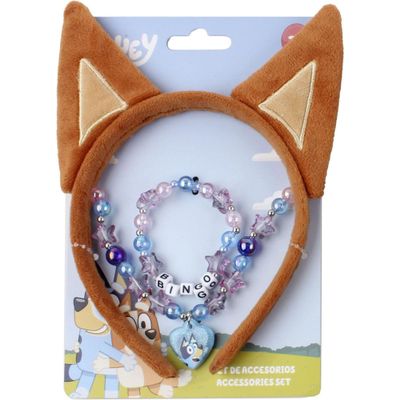 Bluey Kids Costume Jewelry Set with Soft Ears Headband Necklace and Bead Bracelet with Bingo Pendant | Play Accessories for Girls 3+ with Themed Gift Packaging